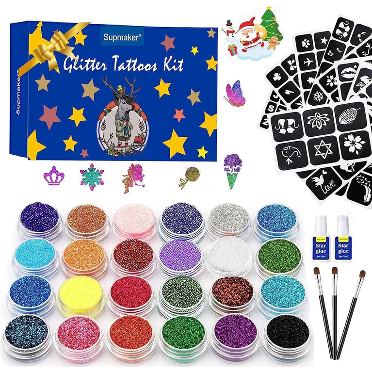 Shimmering Temporary Tattoo and Nail Art Kit - 24 Vibrant Glitter Shades with 135 Unique Stencils - Perfect Party Gift for Kids, Teens and Adults