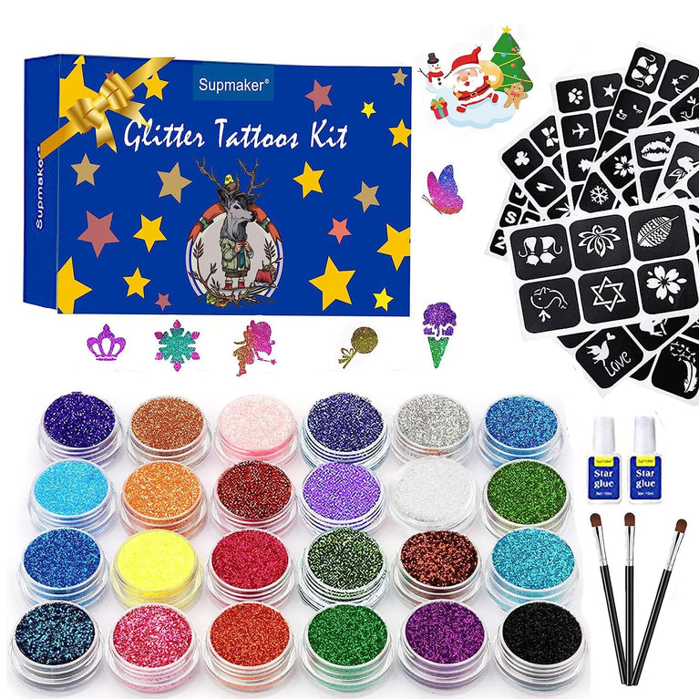 Shimmering Temporary Tattoo and Nail Art Kit - 24 Vibrant Glitter Shades with 135 Unique Stencils - Perfect Party Gift for Kids, Teens and Adults