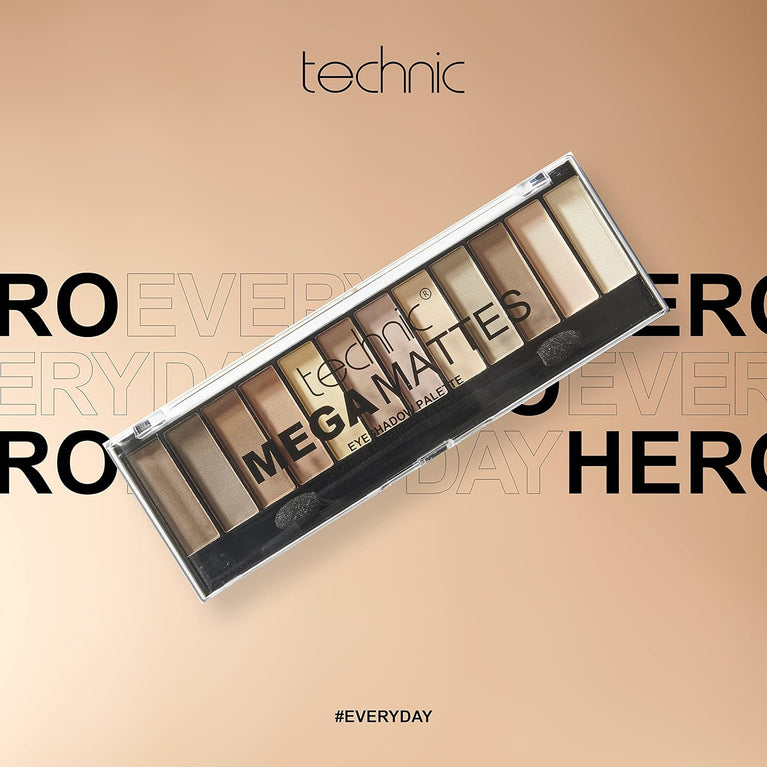 Technic Mega Mattes 12-Shade Nude Eyeshadow Palette - Long-Lasting Matte Pigments for Professional Day-to-Night Looks, 18g