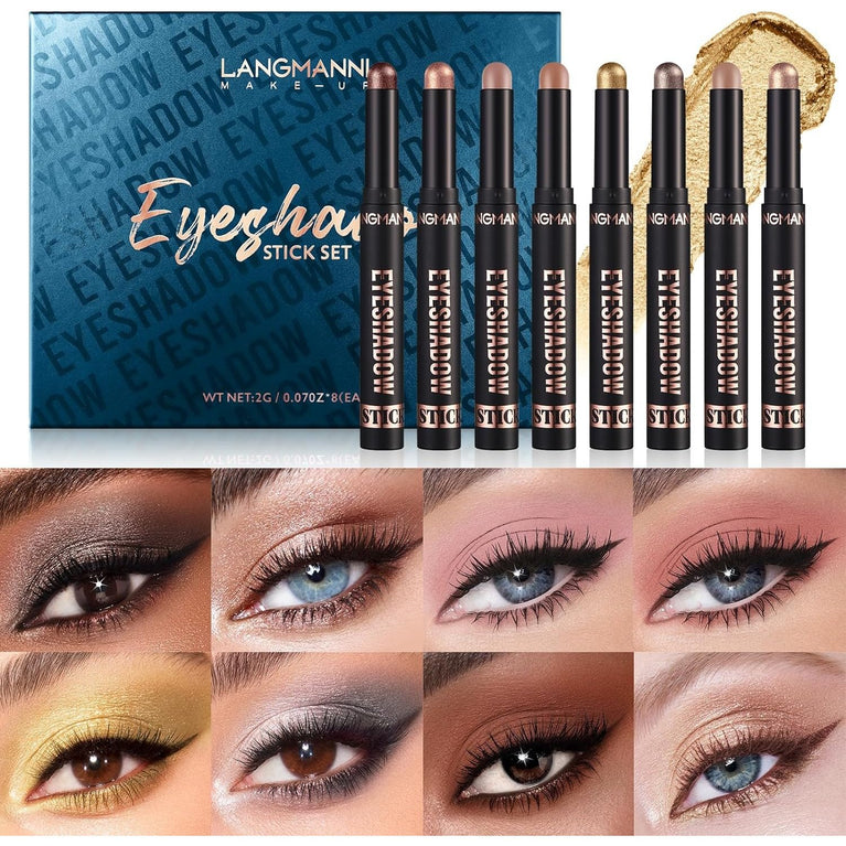 Versatile 8-Piece Waterproof Eyeshadow Stick Set - Matte, Shimmer and Metallic Finish Eye Shadow Crayons for Long-Lasting, Crease-Free Wear (Set B)