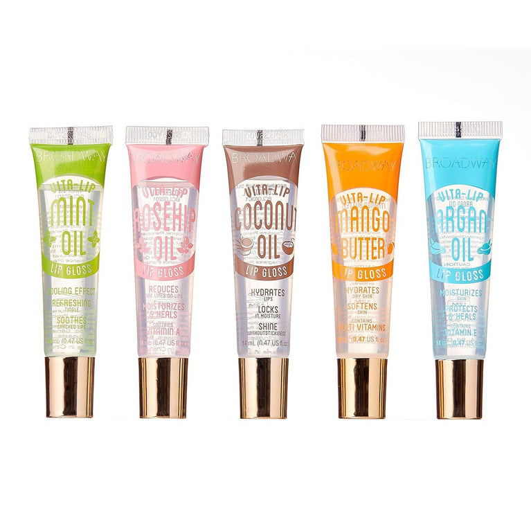 5-Piece Broadway Vita-Lip Clear Lip Gloss Set – Mint, Coconut, Rosehip, Mango Butter, Argan Oil - 0.47oz/14ml each with Abis BookSafety Seal