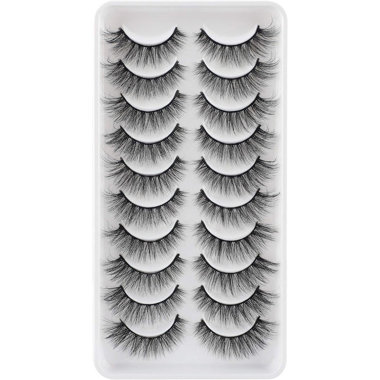 JIMIRE 10 Pairs of Cat Eye-Style Fake Eyelashes - Natural Looking, Lightweight, and Handmade False Lashes - 14mm Pack with Flexible Bands