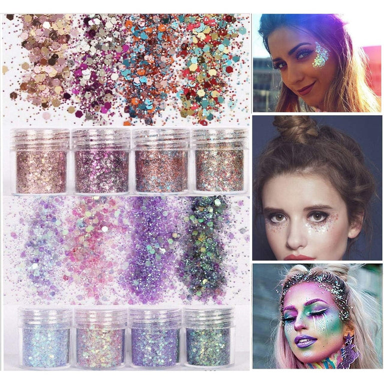 Yitla Sparkle Extravaganza: 8-Color Cosmetic Glitter Set with Fix Gel & Brush for Body, Hair, and Cheek Enhancement - Ideal for Parties and Festivals