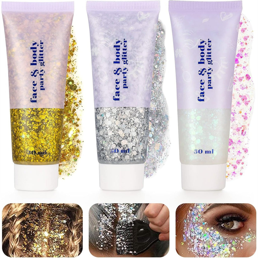 Dacitiery Trio Body Glitter Gel Set, 50ml Holographic Mermaid Sequins for Face, Body, Eye, Hair, Nail DIY Art - Sparkling Liquid Eyeshadow for Festival Parties and Makeup Decoration