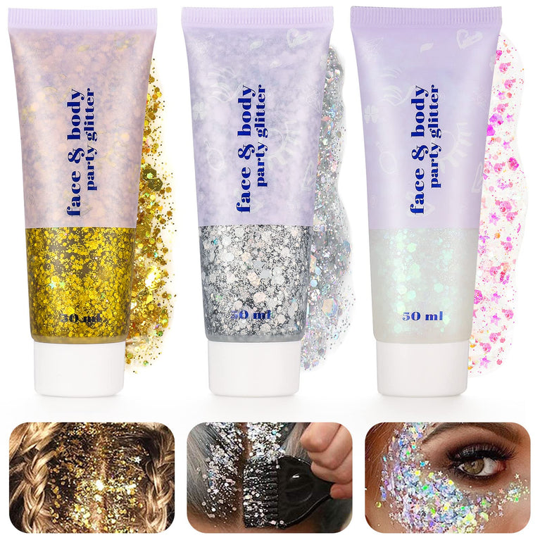 Dacitiery Trio Body Glitter Gel Set, 50ml Holographic Mermaid Sequins for Face, Body, Eye, Hair, Nail DIY Art - Sparkling Liquid Eyeshadow for Festival Parties and Makeup Decoration