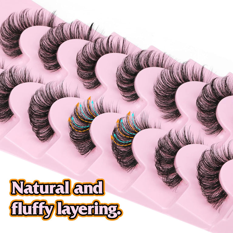 Goddvenus 16mm Natural-look Eyelash Pack, 3D Curly Cat Eye Lashes Strips, 7 Pairs of Reusable Fluffy D Curl Short Volume Lashes with Clear Band – Resembles Extensions