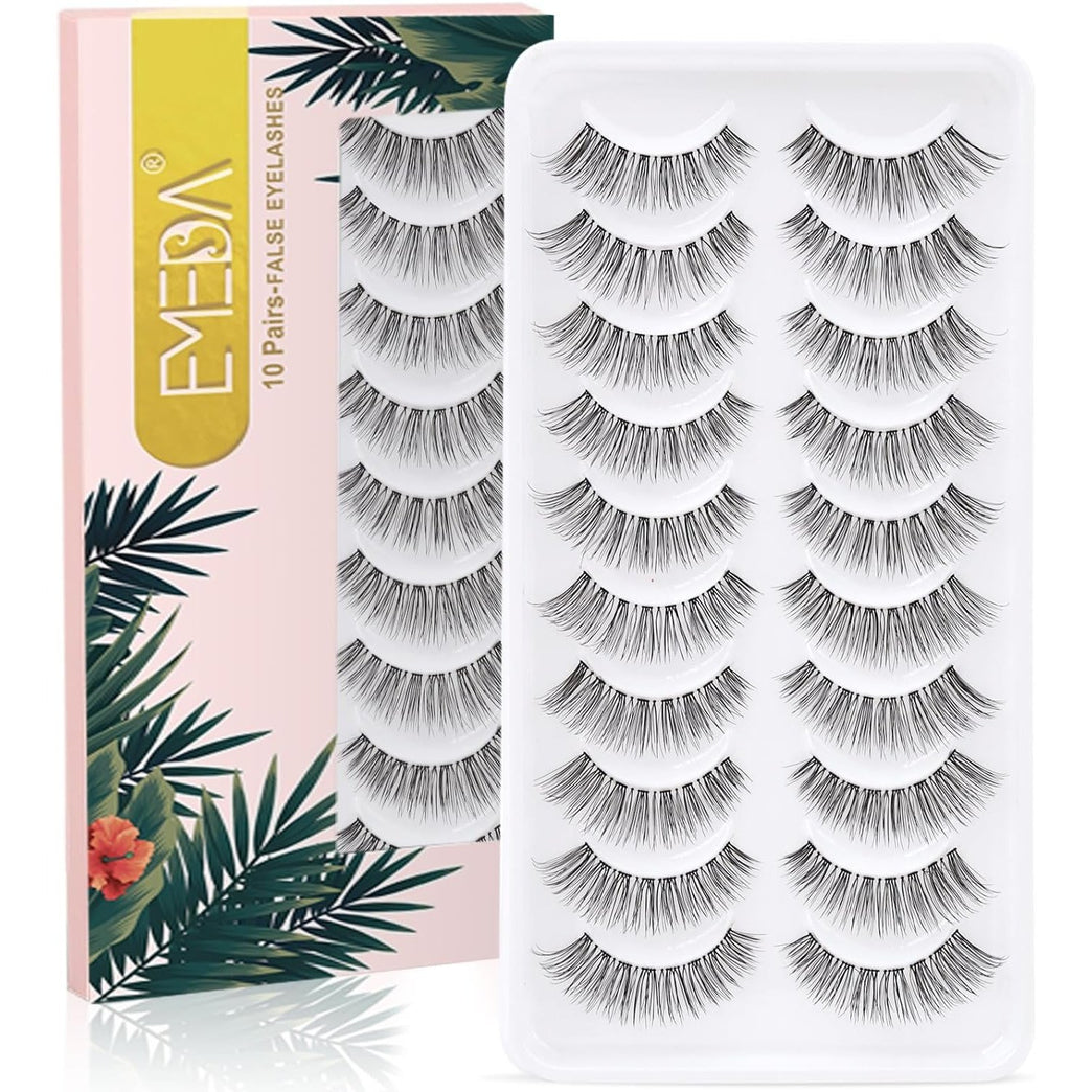 EMEDA 3D Natural False Eyelashes - 10 Pair Pack of Handmade Short Soft Reusable Eye Lashes with Transparent Strip - Ideal for Daily Use, Parties, and Weddings (No Glue Included)
