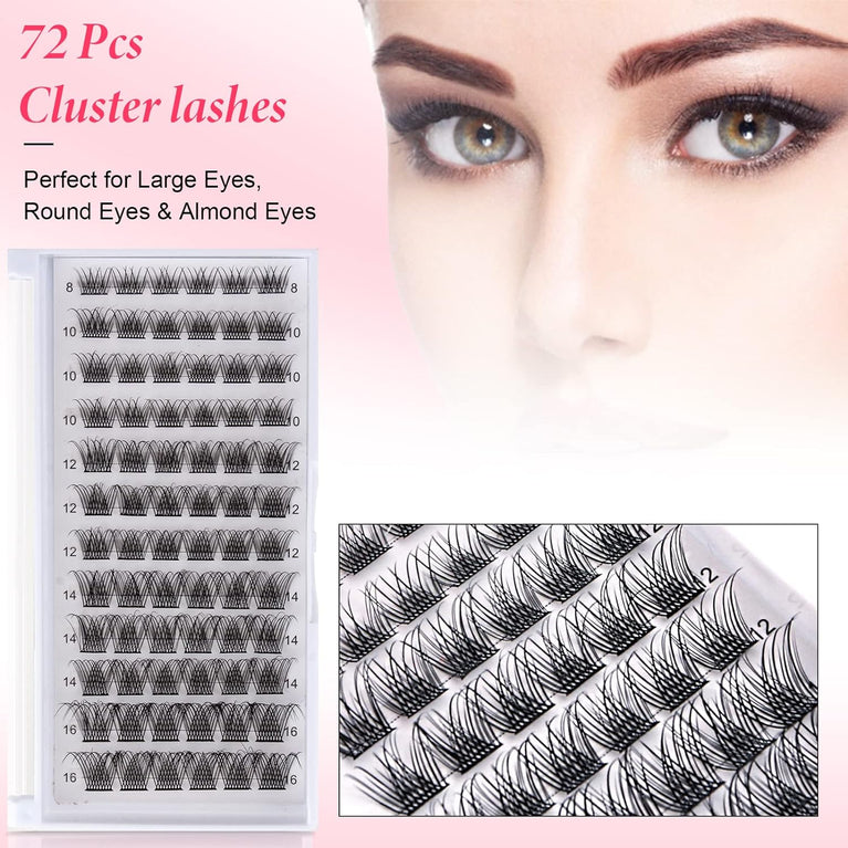 Handmade Mix-Length D Curl Cluster Lashes - 72Pcs Soft, Fluffy, Easy-to-Apply DIY Eyelash Extension Set (MIX-2)