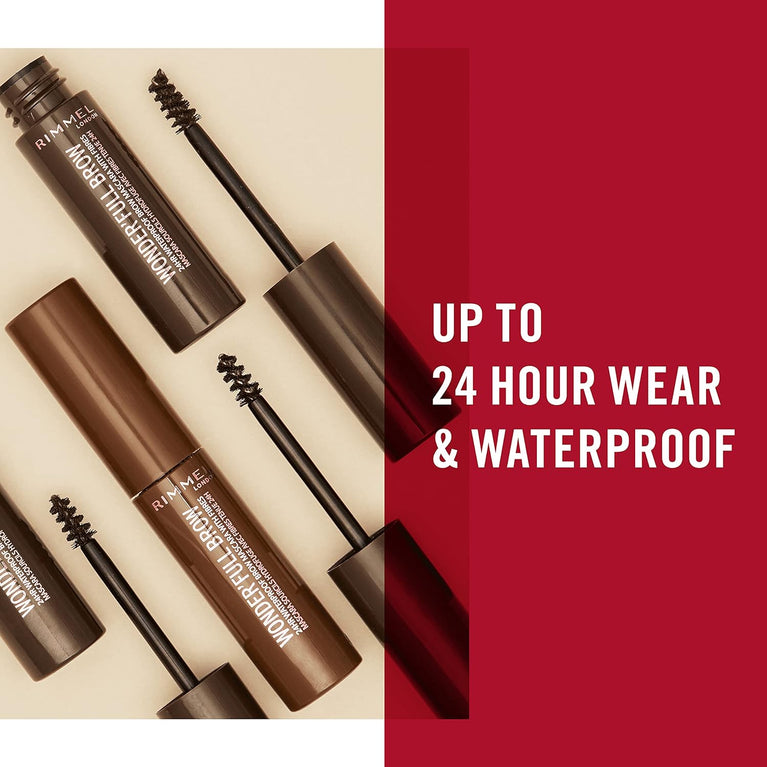 Rimmel London 24HR Wonder'Full Waterproof Brow Gel Mascara with Volumizing Fibres, Nourishing Oils, Dark Shade, 4.5 ml