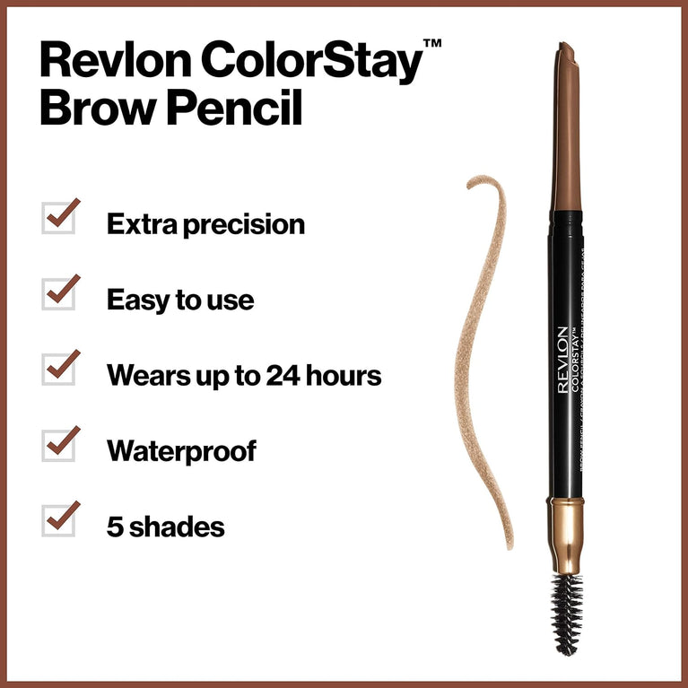 Revlon Waterproof Brow Definer Pencil with Dual-End Spoolie Brush, 24HR Long Lasting, 210 Soft Brown, 0.9g