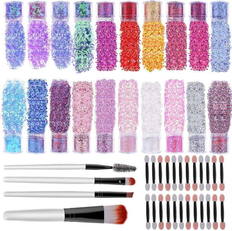 Cridoz Festival Glitter Value Pack: 20 Dazzling Colors Eye, Face, and Hair Craft Glitter with Makeup Tools for Body Art, Cosmetic Face Painting and Nail Art, 200g