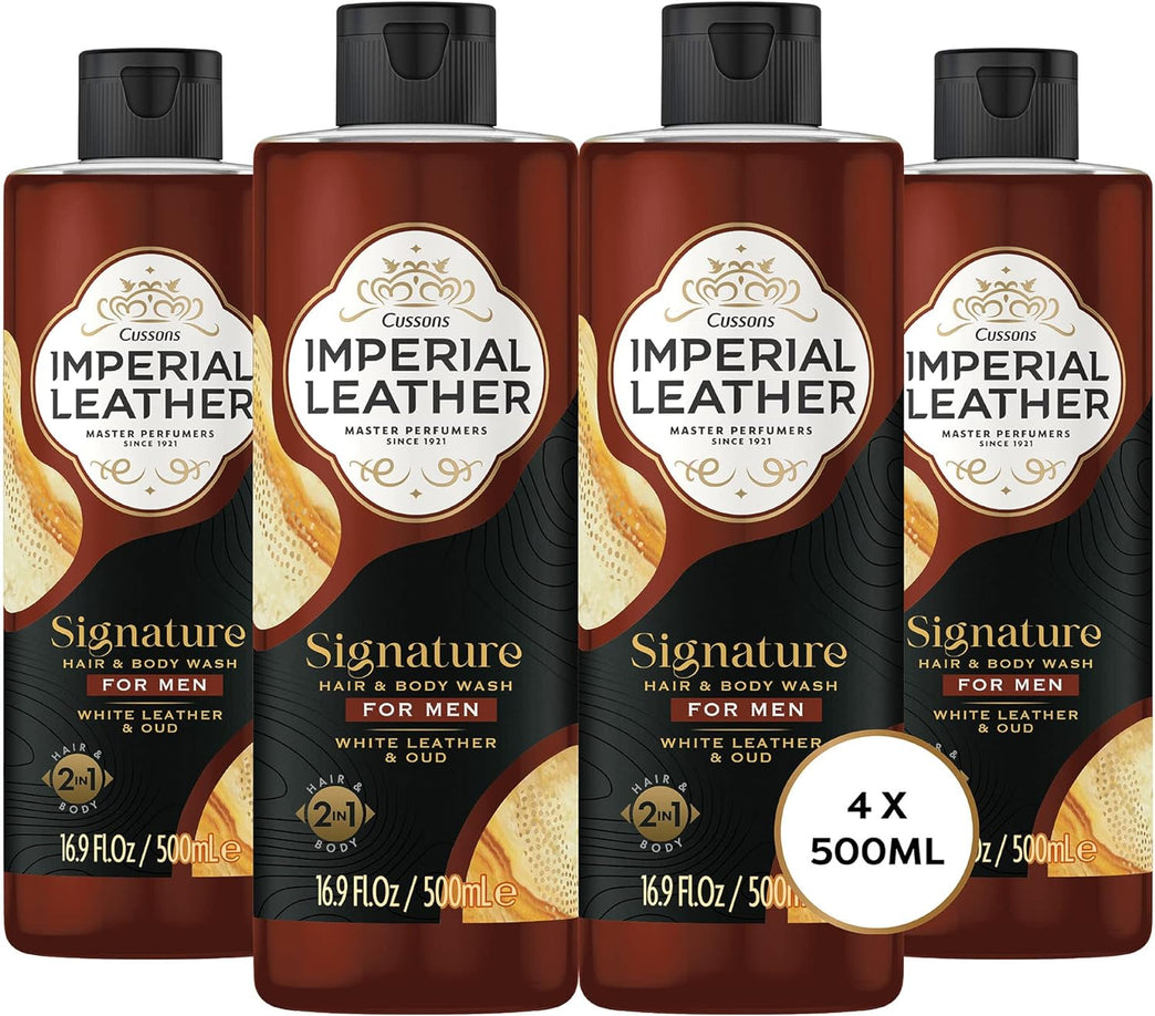 Imperial Leather Men Signature 2in1 Shower Gel, White Leather and Oud, Pack of 4 x 500 ml