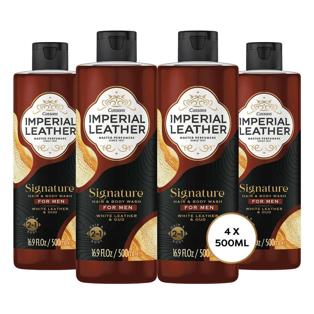 Imperial Leather Men Signature 2in1 Shower Gel, White Leather and Oud, Pack of 4 x 500 ml