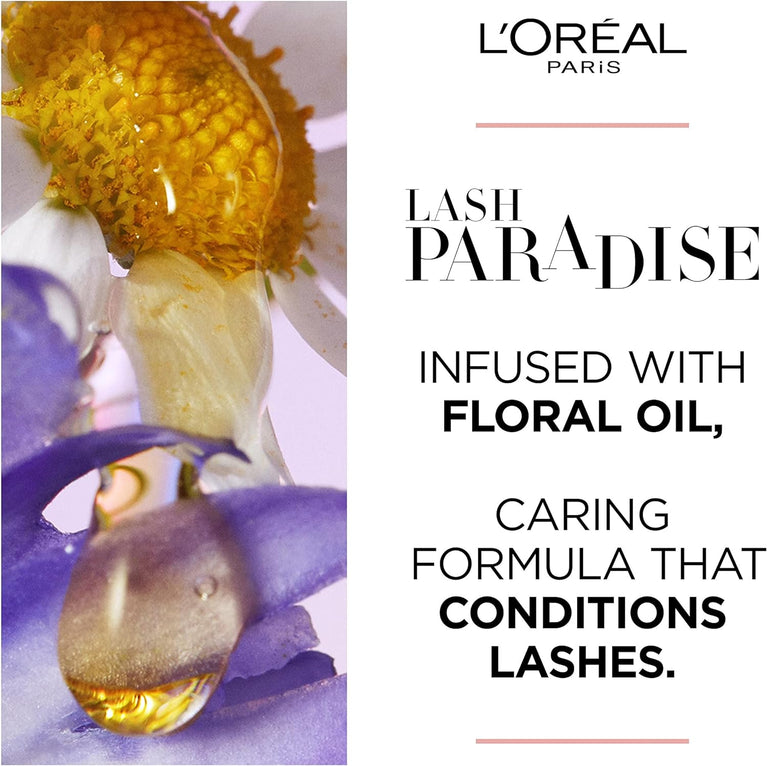 L'Oréal Paris Lash Paradise Intense Volume and Length Mascara, Infused with Nourishing Castor and Rose Oils, Suitable for Sensitive Eyes, Soft Fibre Brush for Flake-Free Application, Spectacular Black