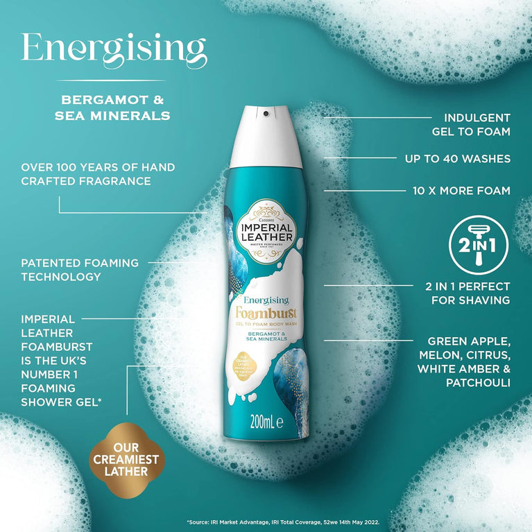 Imperial Leather Foamburst Energising Shower Gel with Bergamot & Sea Minerals - Pack of 6 x 200ml