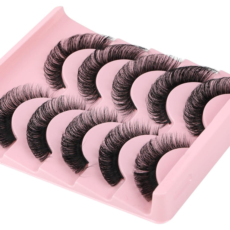Newcally Plant Fiber Strip Lashes - Russian Style, Natural Wispy & Fluffy 3D False Eyelashes, Thick D-Curl Faux Mink Lashes, Cat Eye Effect, Pack of 5 Pairs