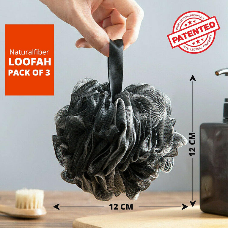 Exfoliating Loofah Shower Puff 3Pcs - Premium Bamboo Charcoal Bath Sponges for Skin Cleansing and Scrubbing - Black