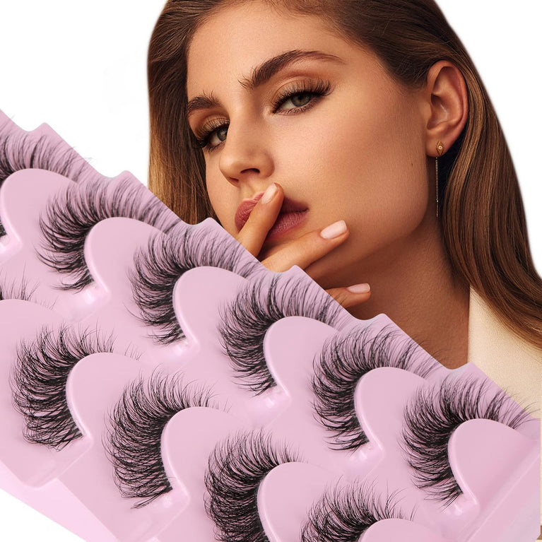 JIMIRE 3D Faux Mink Eyelashes with Transparent Band - Cat Eye Style, 15MM Medium Length, D Curl, 7 Pairs Pack - Natural Look & Fluffy Lashes for High-End Makeup Look