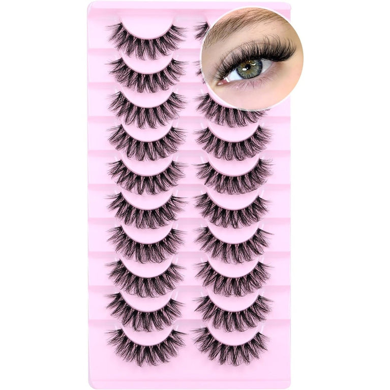 Calphdiar Fluffy 3D Volume False Eyelashes: 14mm Natural D-Curl Wispy Strip Lashes, 10 Pair Pack