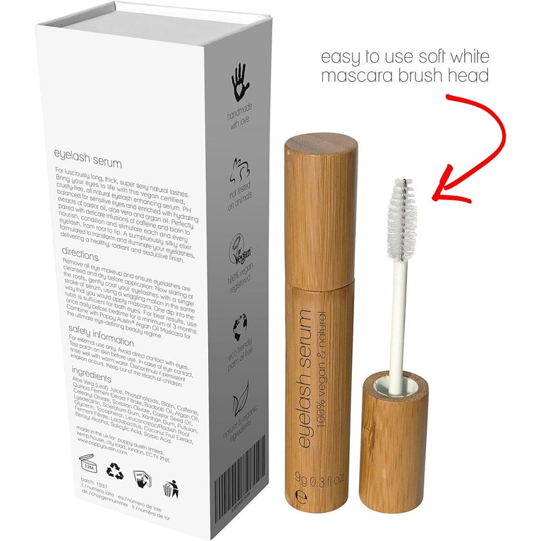 Poppy Austin Vegan Eyelash and Brow Growth Serum - Infused with Biotin, Argan and Castor Oil, Caffeine, Vitamin E, Aloe Vera - Sustainable, Cruelty-Free Lash Enhancer
