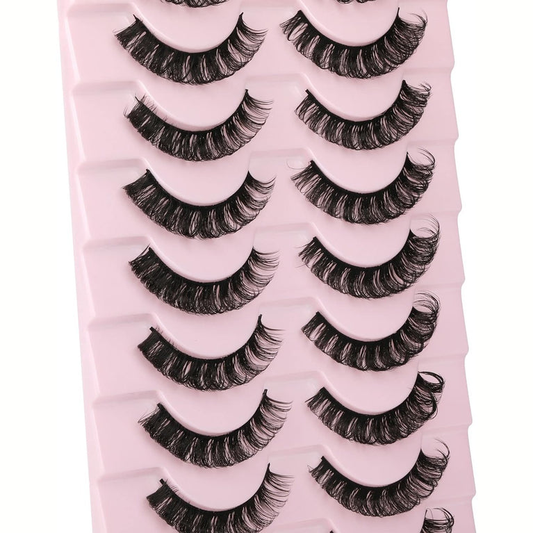 Wiwoseo Russian Strip D-Curly Eyelashes - Natural, Wispy, Fluffy 3D Hybrid Faux Eyelashes, 10 Pair Pack - Mimics Extensions, Handmade with 100% Cruelty-Free Mink, Cotton Band for Comfortable Wear