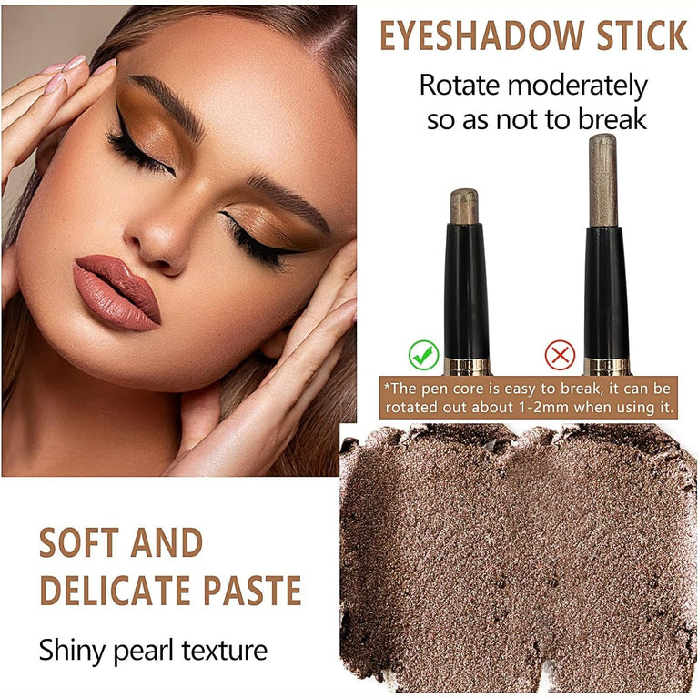 Long-Lasting Rotational Eyeshadow Stick Set: 3-Piece Shimmer & Metallic Cream Crayon, Waterproof, Crease-Resistant, Neutral Shades for All Skin Types, Easy to Apply