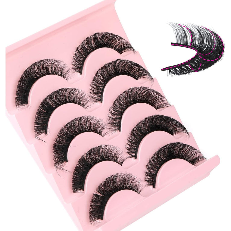 Newcally Plant Fiber Strip Lashes - Russian Style, Natural Wispy & Fluffy 3D False Eyelashes, Thick D-Curl Faux Mink Lashes, Cat Eye Effect, Pack of 5 Pairs