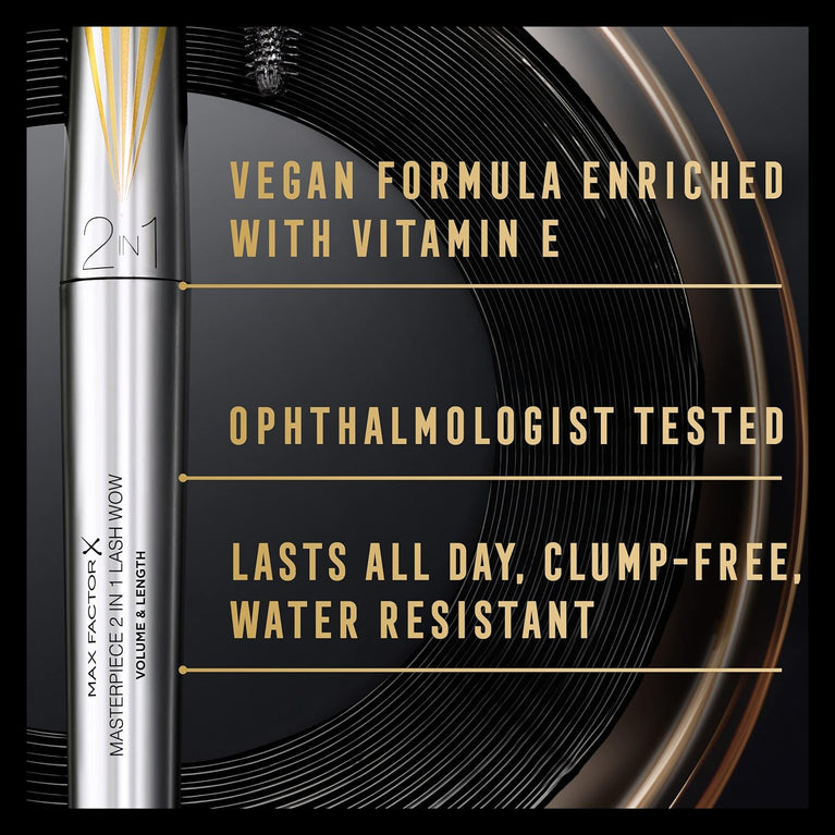 Max Factor Masterpiece 2-in-1 Lengthening and Volumising WOW Mascara, 001 Black, Long-Lasting and Vegan, 7.0 ml