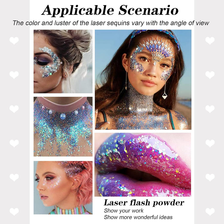 Mermaid Sequin Body Gel Set: 3Pcs 50ml Holographic Glitter Makeup, Chunky Powder for Face, Body, Eye, Hair, Nail Art, and DIY Projects - Perfect for Festivals and Parties