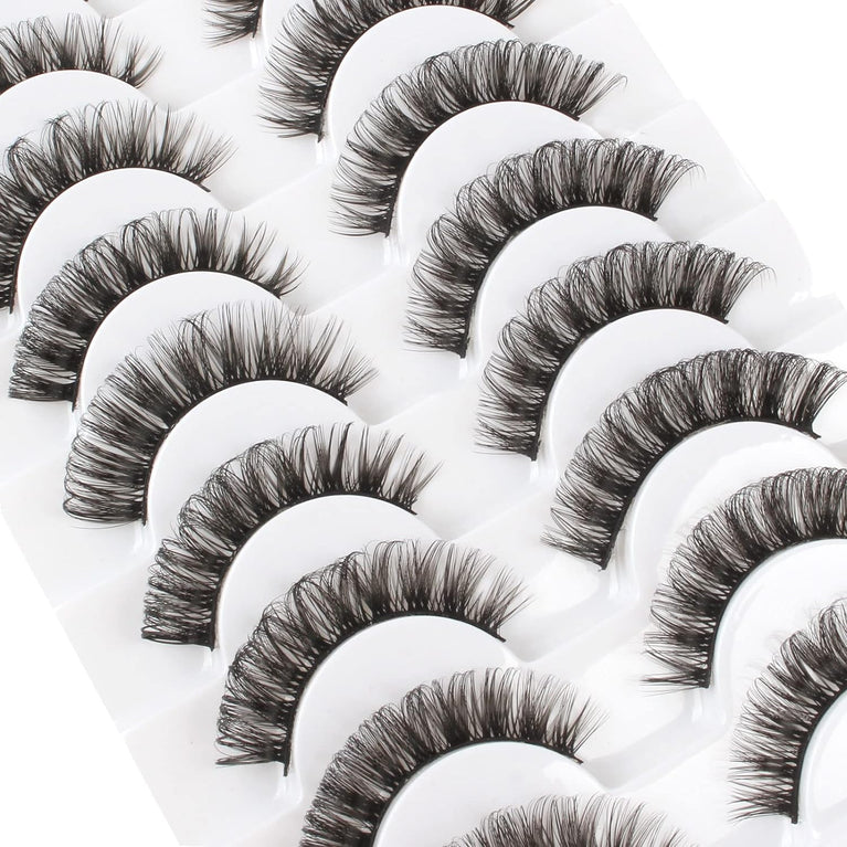 Glowingwin Russian Strip Faux Eyelashes, Natural Look 3D Volume, D Curl, Handmade, Fluffy, Reusable, Dramatic 10 Pairs False Lashes Pack - Ideal for Daily Wear & Special Occasions