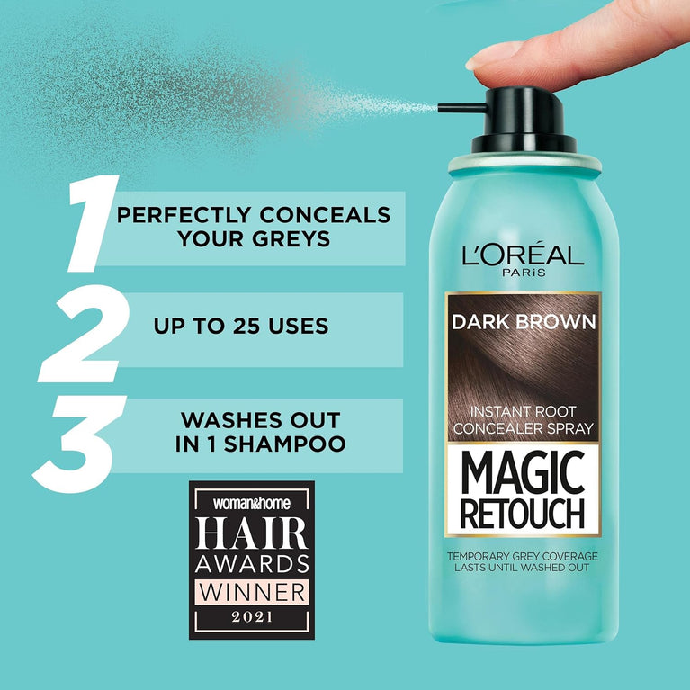 L'Oréal Magic Retouch Instant Root Concealer Spray, Ideal for Touching Up Grey Root Regrowth, Colour: Dark Brown, 150ml
