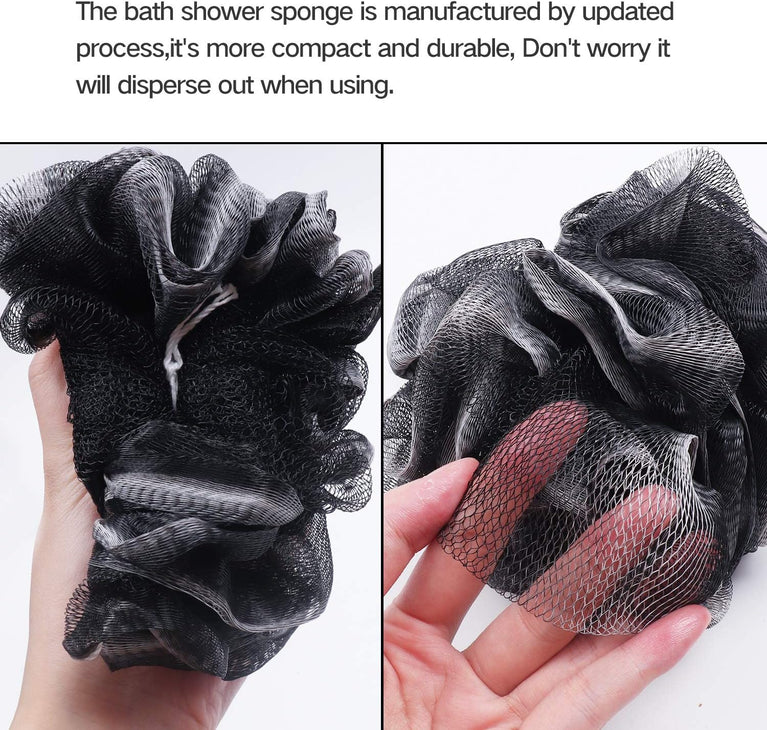 Umitive Charcoal Infused Shower Sponge Bath Poufs, 4-Piece Set of Black Mesh Loofah Body Exfoliating Brushes for Gentle and Effective Skin Cleansing