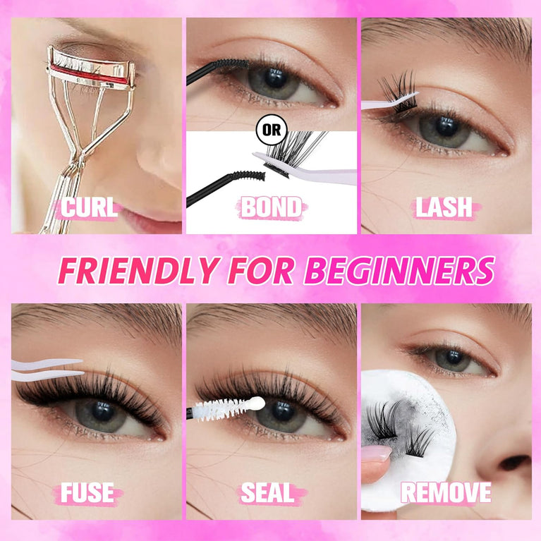 Wiwoseo Home Eyelash Extension Kit with Natural Russian Cluster Lashes, Bond & Seal Glue, and Tweezer – DIY Individual Lash Kit for Easy Self-Application (50pc 9-16MM)
