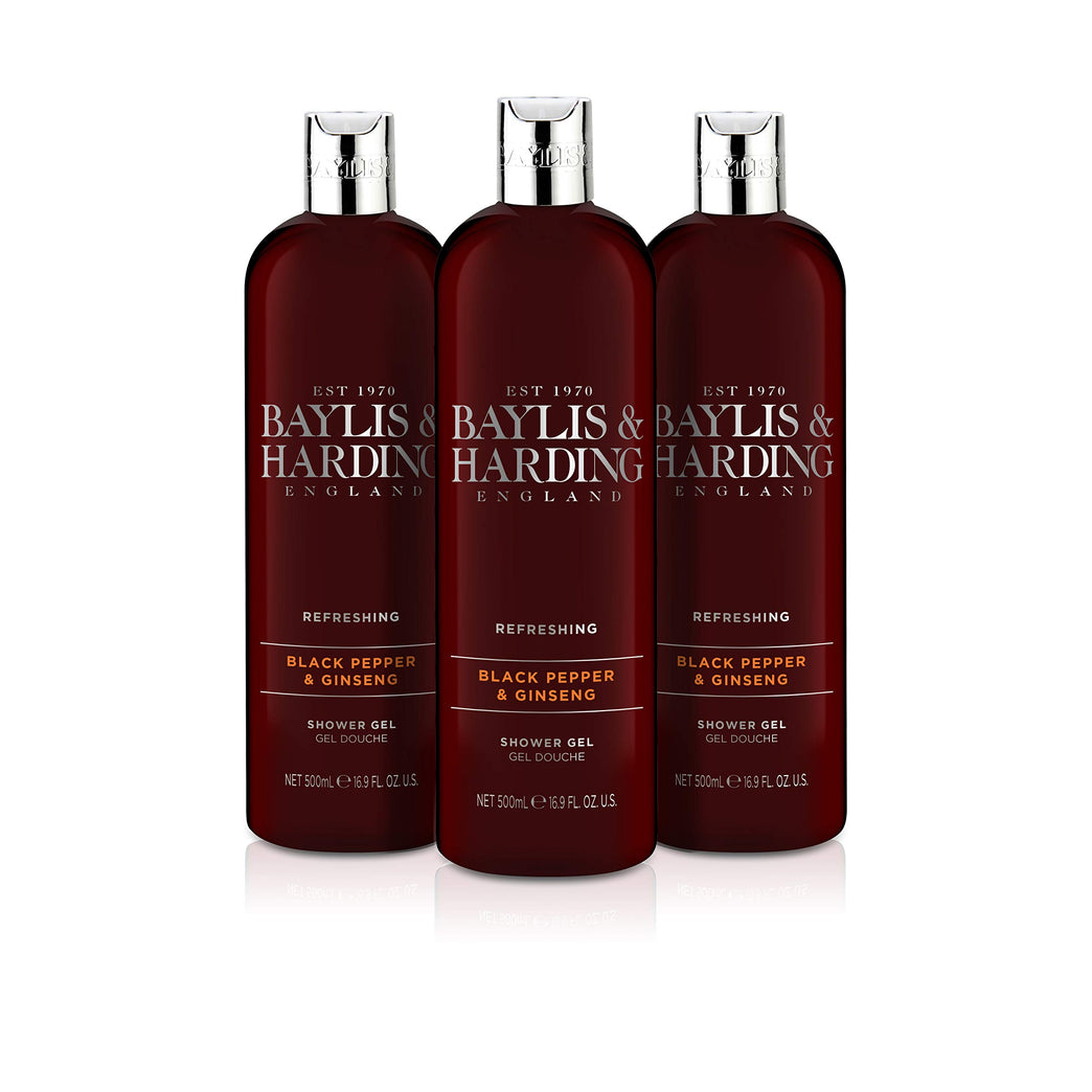 Baylis & Harding Black Pepper & Ginseng Shower Gel for Men, 500 ml (Pack of 3) - Vegan Friendly