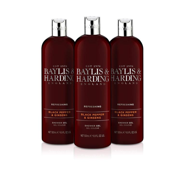 Baylis & Harding Black Pepper & Ginseng Shower Gel for Men, 500 ml (Pack of 3) - Vegan Friendly