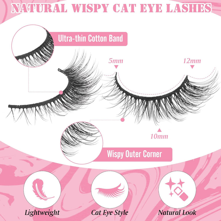 EYDEVRO's Wispy Natural Cat Eye Lashes - Faux Mink, Lightweight, Handmade False Eyelashes, 7 Pairs Pack, 12mm Short for Everyday Use