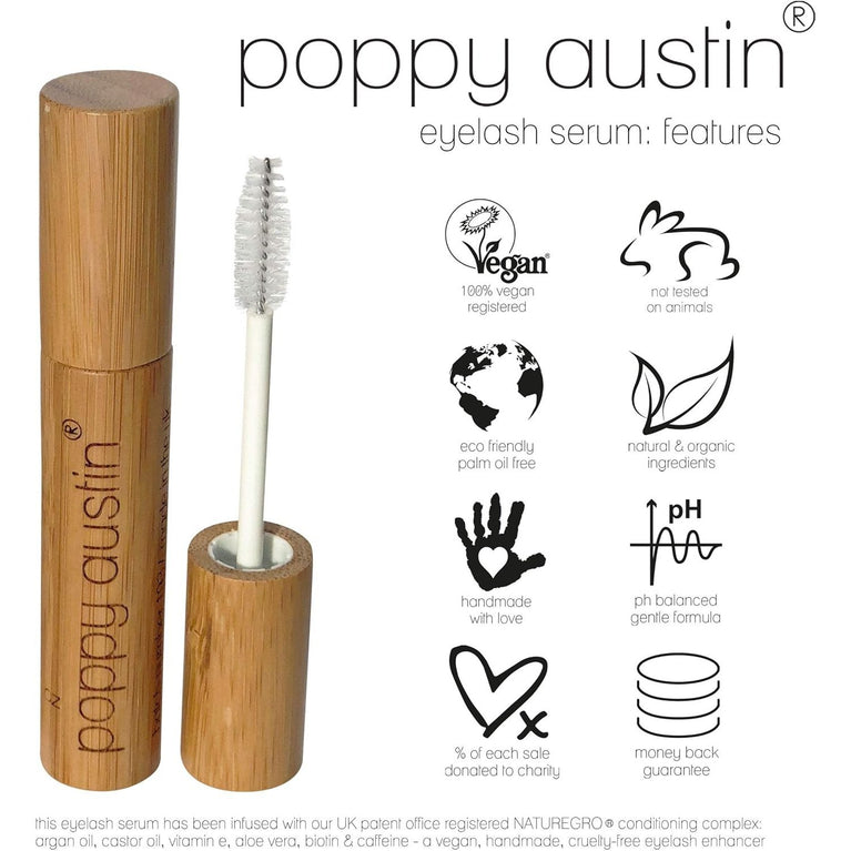 Poppy Austin Vegan Eyelash and Brow Growth Serum - Infused with Biotin, Argan and Castor Oil, Caffeine, Vitamin E, Aloe Vera - Sustainable, Cruelty-Free Lash Enhancer