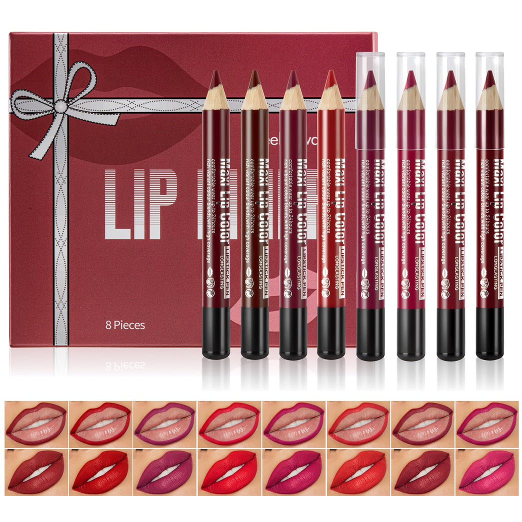 Beteligir Vibrant 8-Color Matte Lip Liner Set with Sharpener, Long-Lasting and Waterproof Lip Crayon, Non-Drying and Easy to Apply, Cruelty-Free (01)