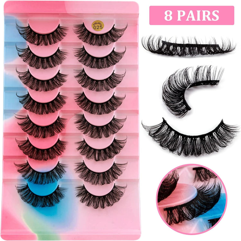 Sparkling D-Curly Mink False Eyelashes, 8 Pair Pack, Natural & Fluffy for Dramatic Looks (025)