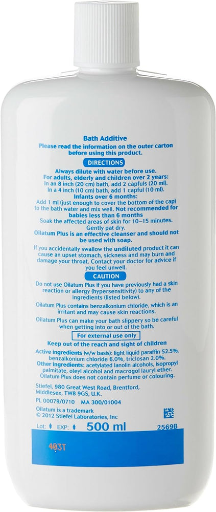 Oilatum Plus Antiseptic Emollient Bath Additive for Eczema and Dry Skin Conditions 500ml - Soothing Relief for Eczema and Dry Skin