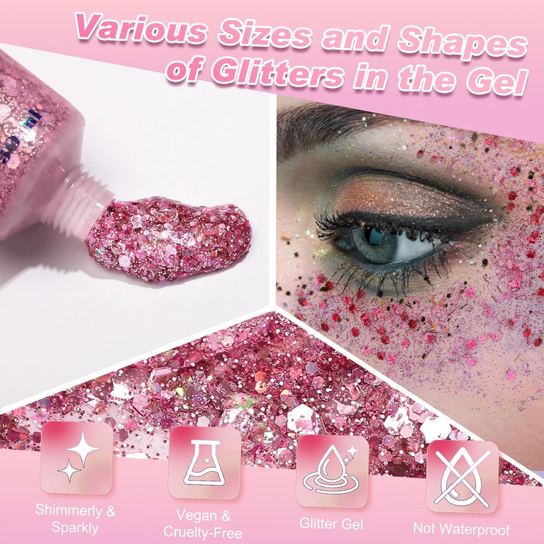 Holographic Pink Body Glitter Gel - Safe and Kid-Friendly Sparkling Lotion for Face, Hair, and Nails - Perfect for Parties, Cosplay, and DIY Art Projects - 50ml
