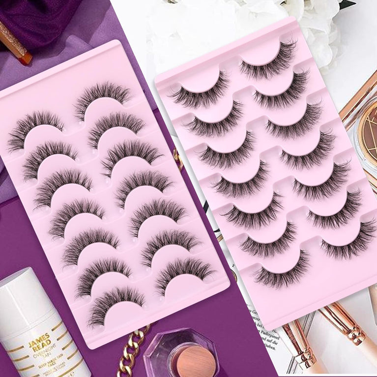 JIMIRE 3D Faux Mink Eyelashes with Transparent Band - Cat Eye Style, 15MM Medium Length, D Curl, 7 Pairs Pack - Natural Look & Fluffy Lashes for High-End Makeup Look
