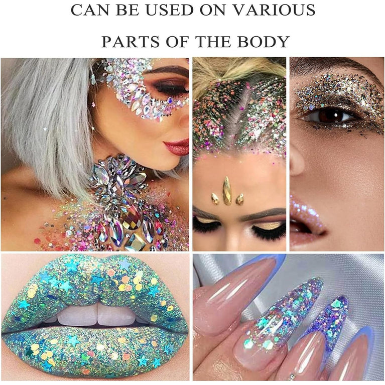 Veroa 5-Pack Multicolor Chunky Glitter Gel Set, 75ml Holographic Mermaid Sequins for Body, Hair, Face, Eye & Lip, All-Day Vegan Festival Makeup with Easy Application and Removal, Cruelty-Free
