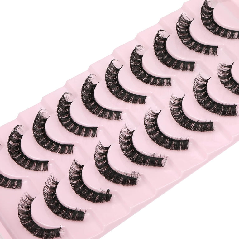 Wiwoseo Russian Strip D-Curly Eyelashes - Natural, Wispy, Fluffy 3D Hybrid Faux Eyelashes, 10 Pair Pack - Mimics Extensions, Handmade with 100% Cruelty-Free Mink, Cotton Band for Comfortable Wear
