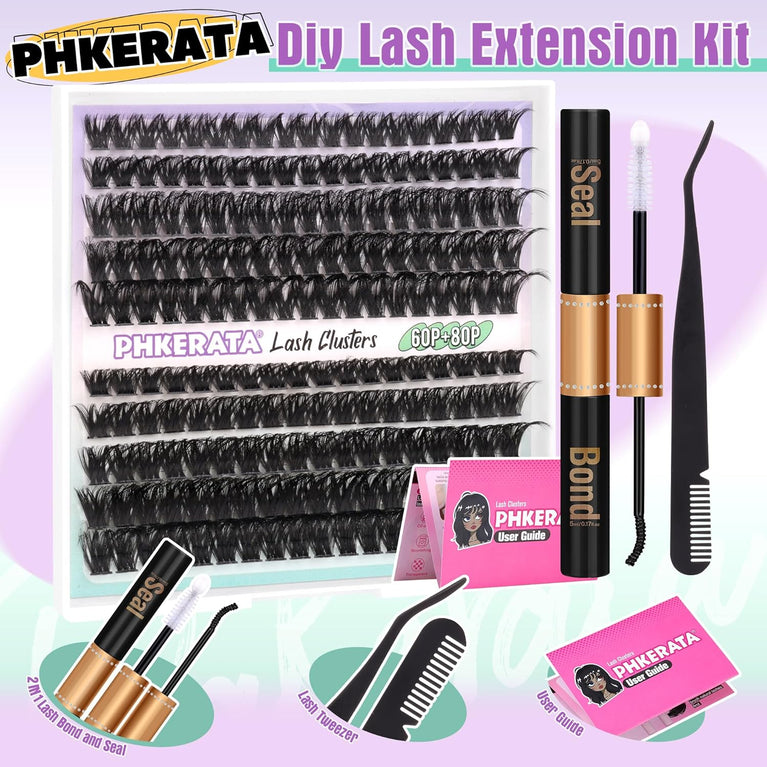 PHKERATA Premium DIY Eyelash Extension Kit with 185Pcs 8-16MM D Curl Cluster Lashes, Lash Glue Bond, Seal, and Lash Tweezers for Natural and Dramatic Looks (0.07D,8-16MM)
