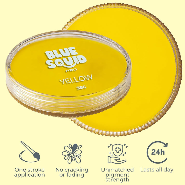Blue Squid PRO Professional Grade Face Paint - Vibrant Yellow (30gm), Water Activated Body & Face Makeup for Kids and Adults, Ideal for Halloween and SFX Face Painting with Smudge-Free, Easy Clean Formula
