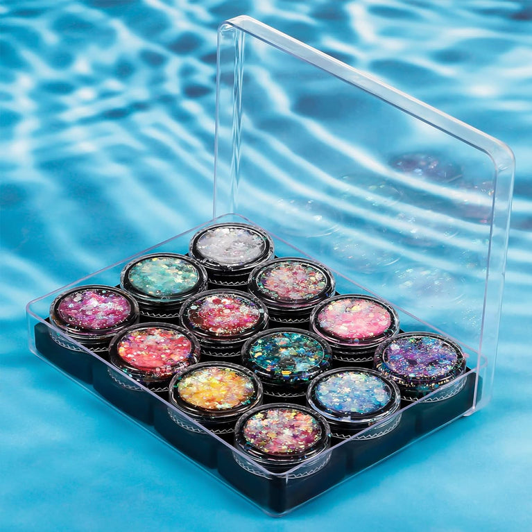 Dacitiery Holographic Festival Cosmetics: 12-Color Face and Body Glitter Gel Set for Hair, Cheeks, Nails - Sparkling Sequins Makeup Collection