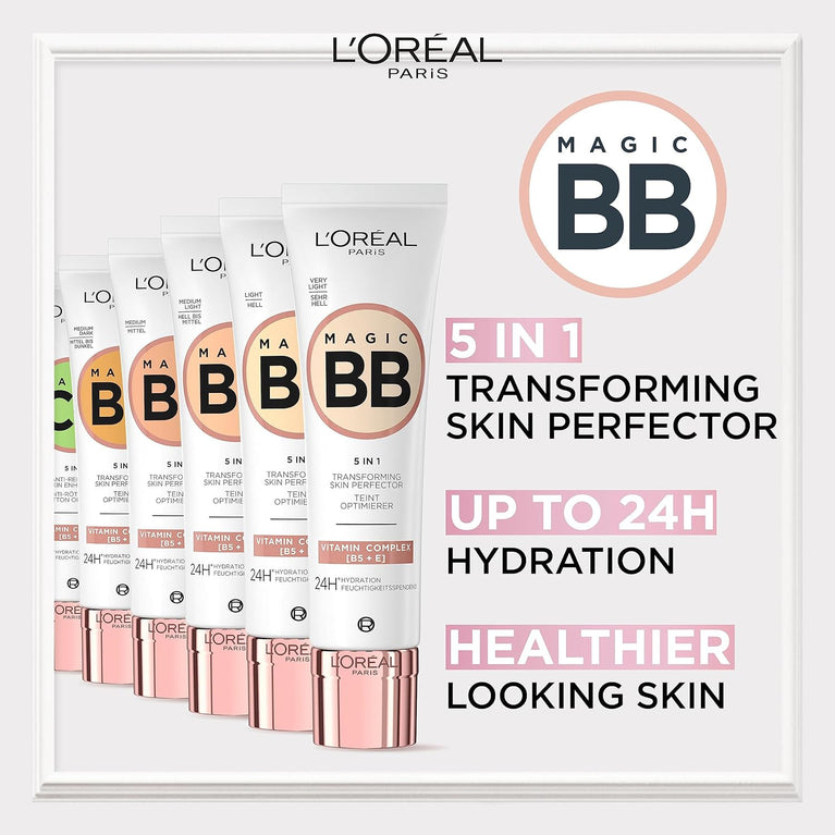 L'Oréal Paris 5-in-1 Magic BB Cream, SPF 20 Protection, Enriched with Vitamin B5 and E, Lightweight Skin Tone Adaptation for Natural Glow, 30 ml - Shade 02 Light