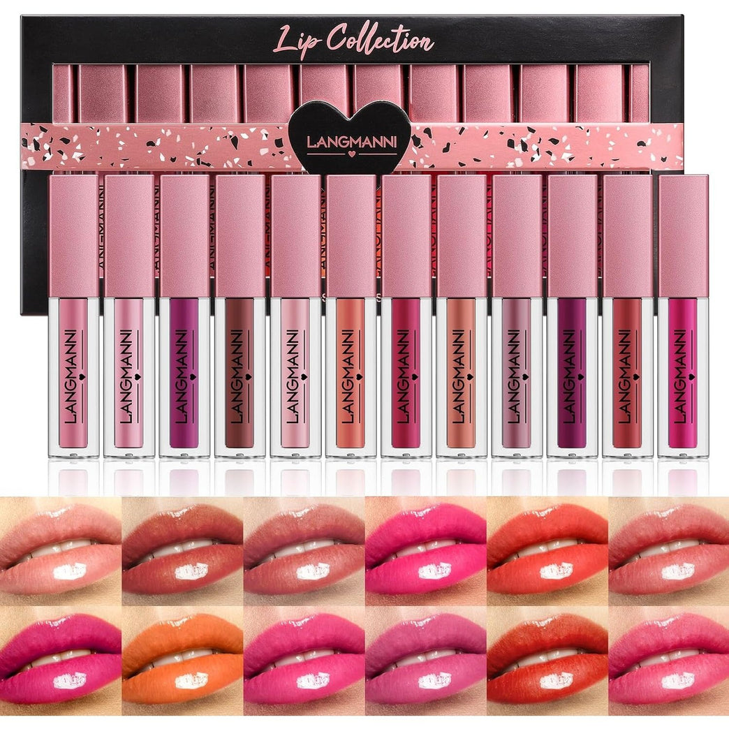 LANGMANNI 12-Color Lip Gloss Makeup Set: Shiny, Smooth & Long-Lasting Lip Stains for Women and Girls
