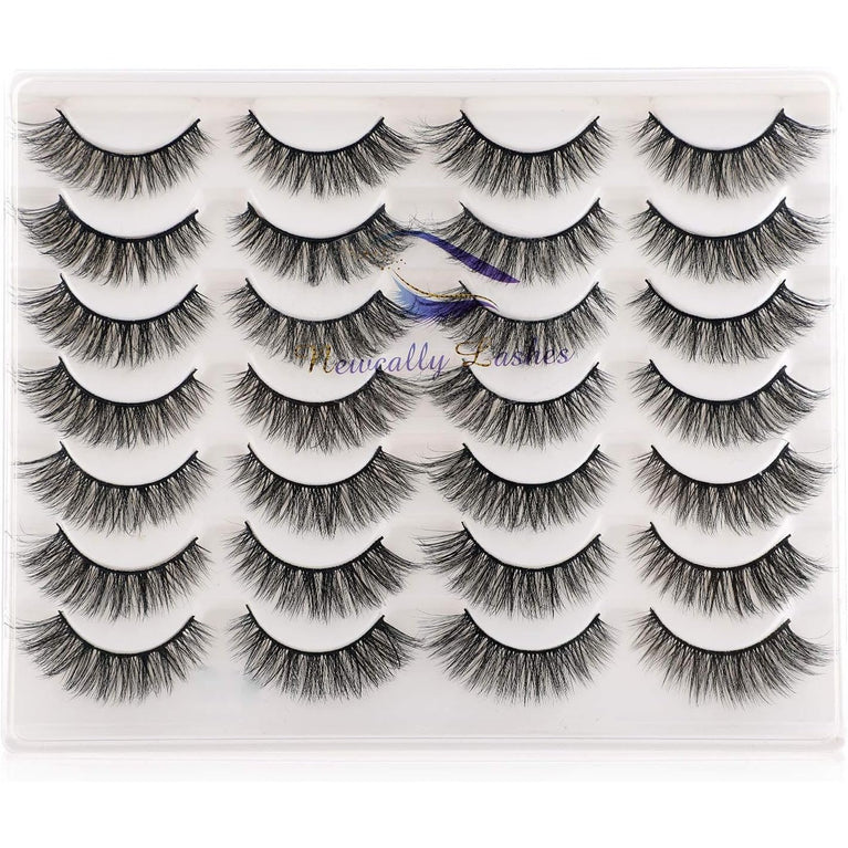 Newcally Vegan-Friendly 3D Faux Mink Eyelashes - 14 Pairs of Cat Eye Look Fluffy Strip Lashes, Hand-Knotted and Cruelty-Free